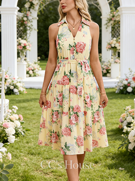 Floral Print Collared Sleeveless A-line Wedding Guest Dress Romantic Chiffon Maxi Dress