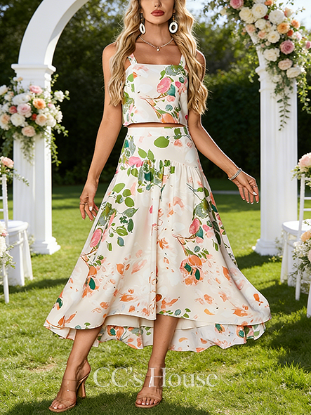 Floral Print Square Sleeveless A-line Wedding Guest Dress Opulent Separates Satin Maxi Dress