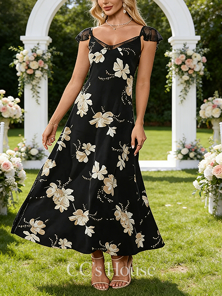 Ruffle Floral Print V-Neck Sleeveless A-line Wedding Guest Dress Vintage Lace Printed Fabric Maxi Dress