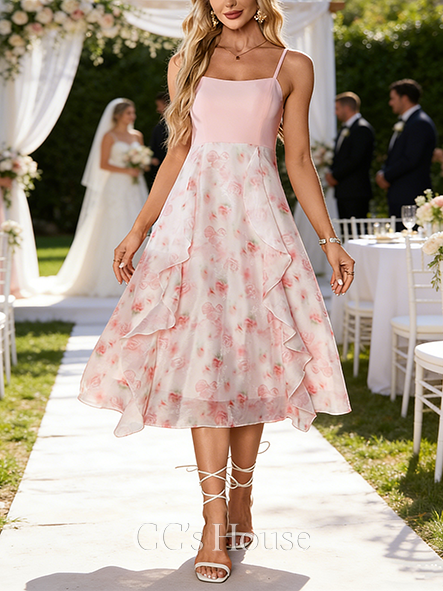 Ruffle Floral Print Square Spaghetti Straps A-line Wedding Guest Dress Elegant Chiffon Stretch Crepe Midi Dress