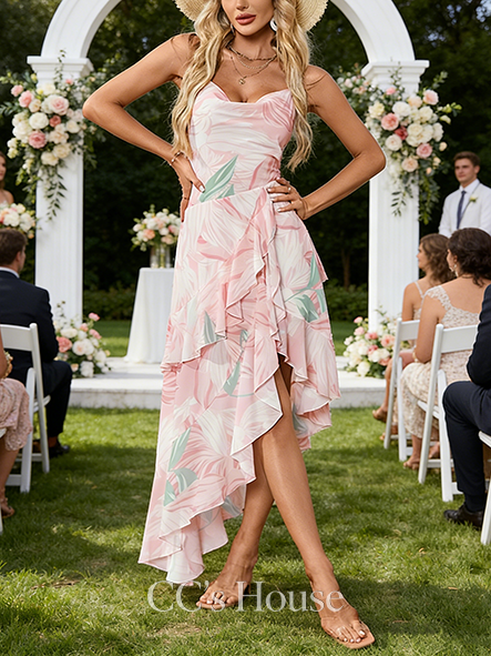 Cascading Ruffles Floral Print Cowl Spaghetti Straps A-line Wedding Guest Dress Gorgeous Chiffon Asymmetrical Maxi Dress