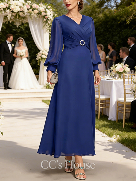 A-line Wedding Guest Dress Vintage V-Neck Ankle-Length Chiffon Mother of the Bride Dress With Crystal Brooch Pleated