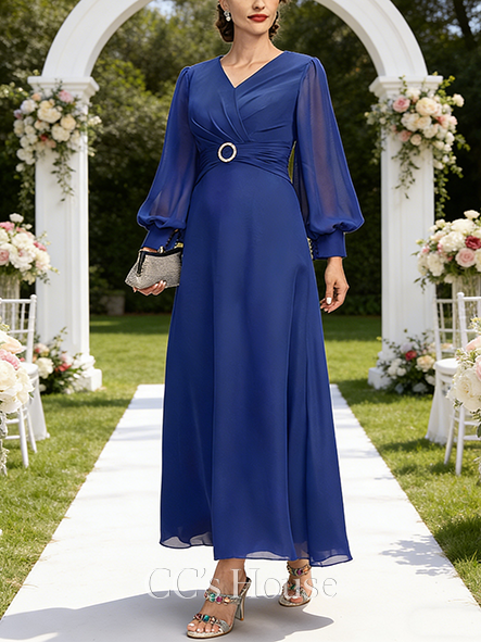 A-line Wedding Guest Dress Vintage V-Neck Ankle-Length Chiffon Mother of the Bride Dress With Crystal Brooch Pleated