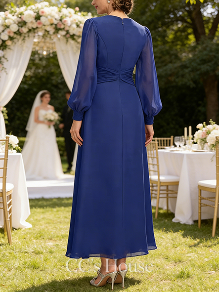 A-line Wedding Guest Dress Vintage V-Neck Ankle-Length Chiffon Mother of the Bride Dress With Crystal Brooch Pleated