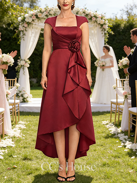 A-line Wedding Guest Dress Elegant Square Asymmetrical Satin Mother of the Bride Dress With Pleated Beading 3D Floral