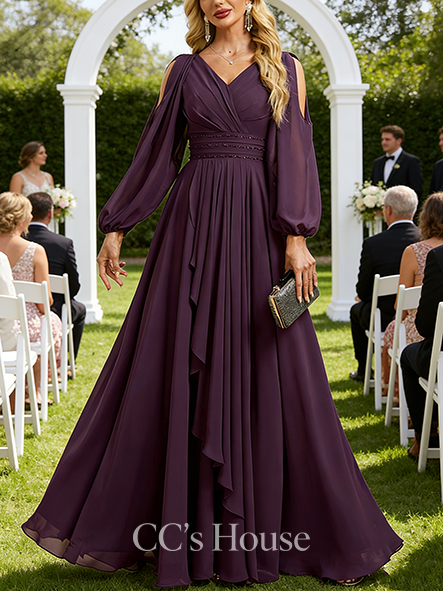 A-line Wedding Guest Dress Graceful Cold Shoulder V-Neck Floor-Length Chiffon Evening Dress With Cascading Ruffles Beading