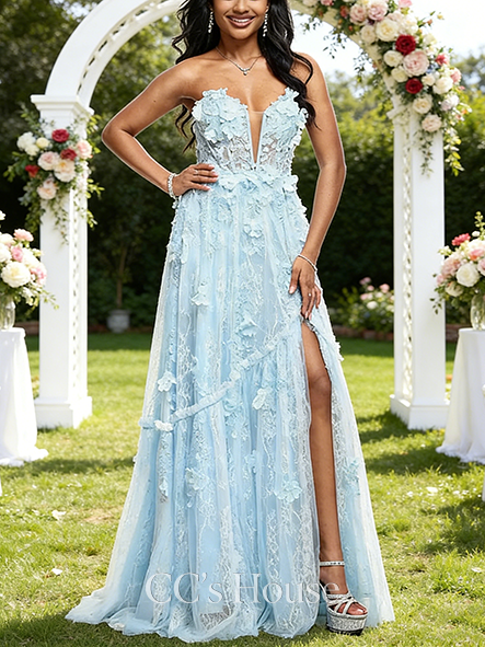 A-line Wedding Guest Dress Luxury V-Neck Sweep Train Lace Prom Dresses With Beading 3D Floral Sequins