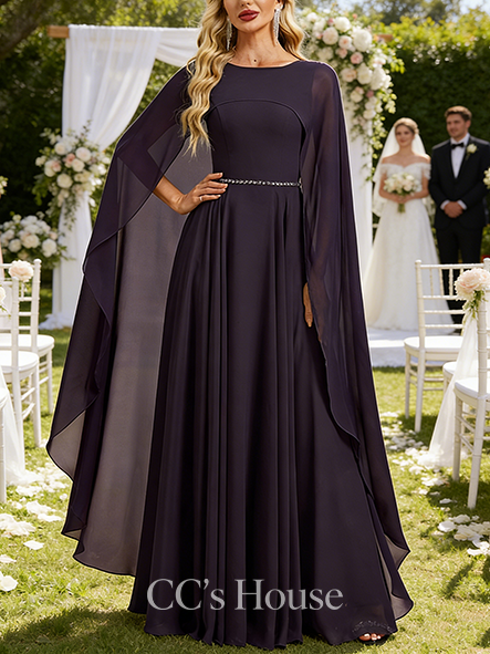 A-line Wedding Guest Dress Chic Scoop Floor-Length Chiffon Evening Dress With Beading Cape