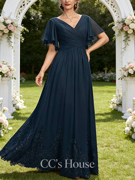 A-line Wedding Guest Dress Sophisticated V-Neck Floor-Length Chiffon Mother of the Bride Dress With Pleated Sequins Appliques Lace