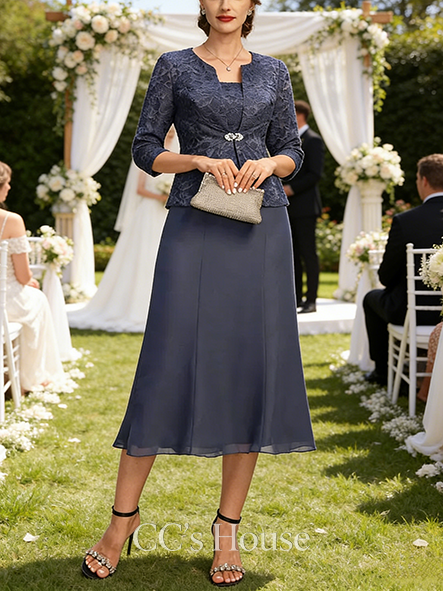 A-line Wedding Guest Dress Exquisite Square Tea-Length Lace Chiffon Mother of the Bride Dress
