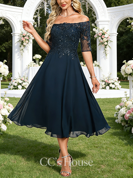 A-line Wedding Guest Dress Glamorous Off the Shoulder Tea-Length Lace Chiffon Cocktail Dress With Sequins