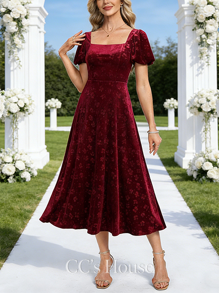 A-line Wedding Guest Dress Romantic Square Tea-Length Velvet Cocktail Dress