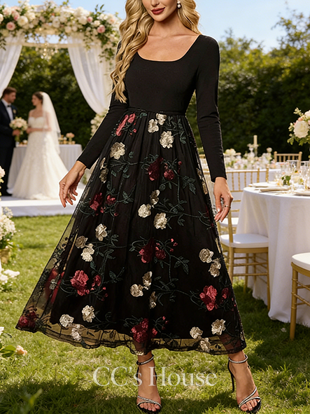 Embroidered Scoop Long Sleeve A-line Wedding Guest Dress Delicate Tulle Stretch Crepe Maxi Dress