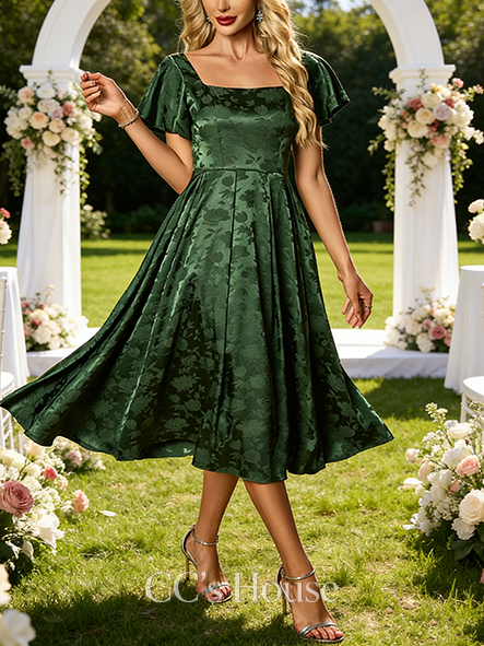 Jacquard Square Short Sleeve A-line Wedding Guest Dress Luxe Satin Midi Dress