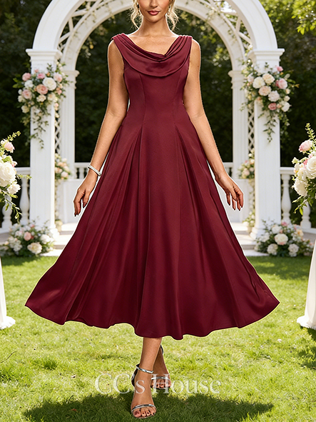 Cowl Sleeveless A-line Wedding Guest Dress Polished Satin Midi Dress