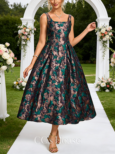 A-line Wedding Guest Dress Ethereal Square Tea-Length Jacquard Cocktail Dress
