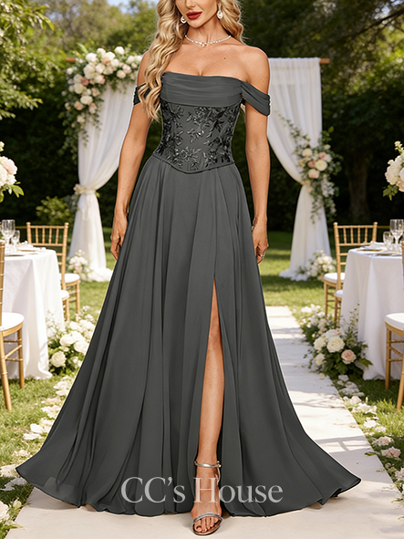 A-line Wedding Guest Dress Regal Off the Shoulder Floor-Length Lace Chiffon Evening Dress With Pleated