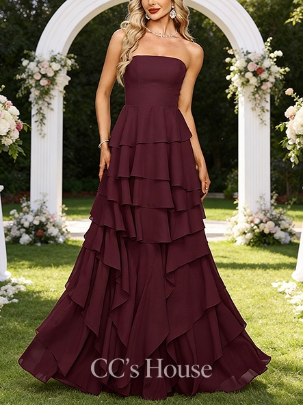 A-line Wedding Guest Dress Majestic Straight Floor-Length Chiffon Evening Dress With Cascading Ruffles
