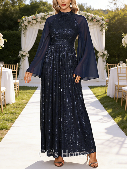 A-line Wedding Guest Dress Timeless High Neck Floor-Length Chiffon Sequin Evening Dress