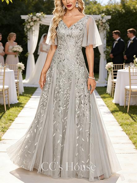 A-line Wedding Guest Dress Modern V-Neck Floor-Length Tulle Sequin Lace Evening Dress