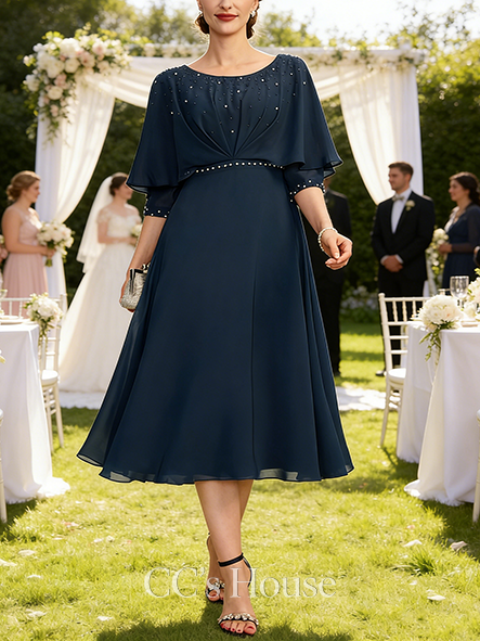 A-line Wedding Guest Dress Elegant Scoop Tea-Length Chiffon Mother of the Bride Dress With Beading Cape Pleated