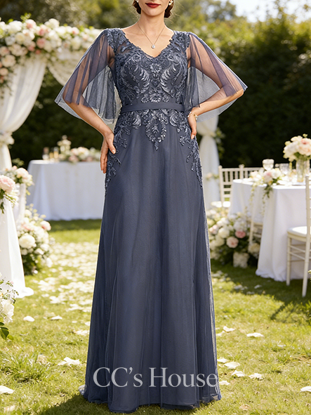 A-line Wedding Guest Dress Chic V-Neck Floor-Length Lace Tulle Mother of the Bride Dress With Sequins Beading