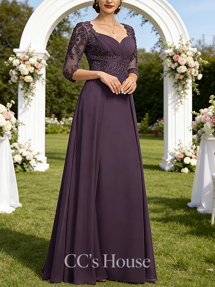 A-line Wedding Guest Dress Sophisticated Sweetheart Floor-Length Lace Chiffon Mother of the Bride Dress With Pleated Sequins