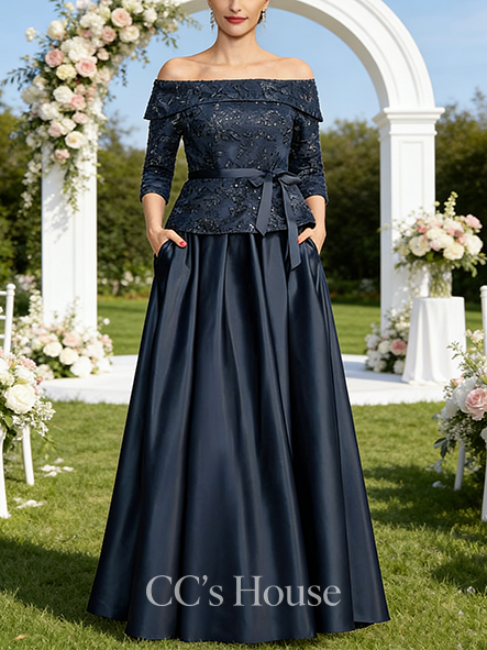 A-line Wedding Guest Dress Feminine Off the Shoulder Floor-Length Satin Lace Mother of the Bride Dress With Bow Sequins