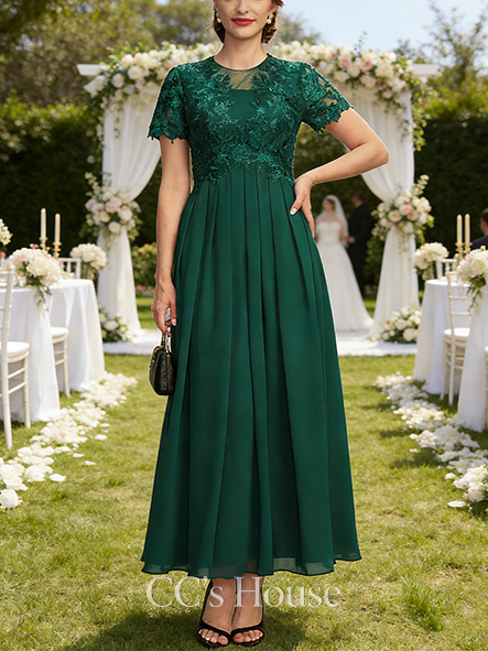A-line Wedding Guest Dress Glamorous Scoop Ankle-Length Lace Chiffon Mother of the Bride Dress With Pleated