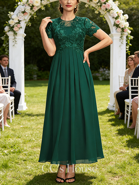 A-line Wedding Guest Dress Glamorous Scoop Ankle-Length Lace Chiffon Mother of the Bride Dress With Pleated