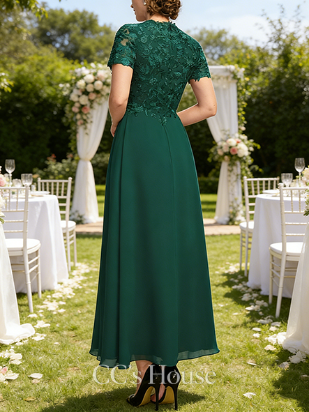 A-line Wedding Guest Dress Glamorous Scoop Ankle-Length Lace Chiffon Mother of the Bride Dress With Pleated