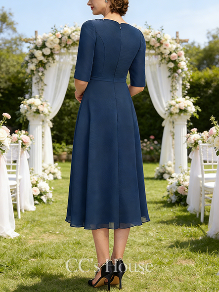 A-line Wedding Guest Dress Classy Asymmetrical Collared Tea-Length Chiffon Mother of the Bride Dress With Sequins Appliques Lace Pleated