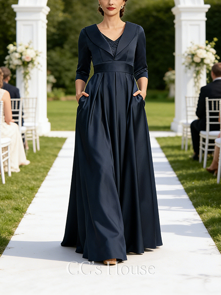 A-line Wedding Guest Dress Luxe V-Neck Floor-Length Satin Mother of the Bride Dress With Beading Sequins