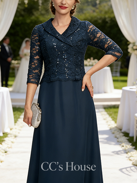 A-line Wedding Guest Dress Dainty Collared V-Neck Floor-Length Lace Chiffon Mother of the Bride Dress With Sequins