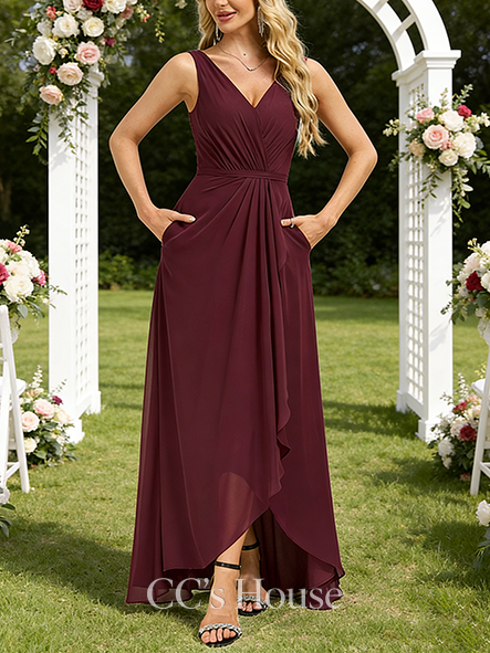 A-line Wedding Guest Dress Ethereal V-Neck Asymmetrical Chiffon Bridesmaid Dress