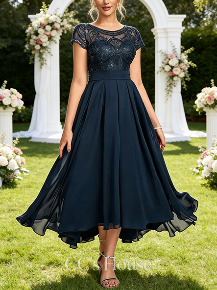 A-line Wedding Guest Dress Regal Scoop Illusion Ankle-Length Asymmetrical Lace Chiffon Cocktail Dress With Sequins