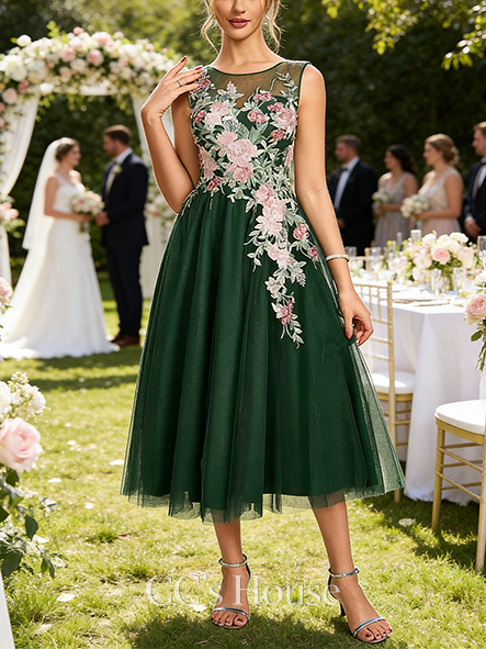 A-line Wedding Guest Dress Sleek Scoop Tea-Length Tulle Lace Cocktail Dress