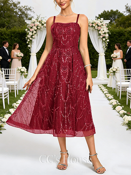 A-line Wedding Guest Dress Timeless Square Tea-Length Tulle Lace Cocktail Dress With Sequins