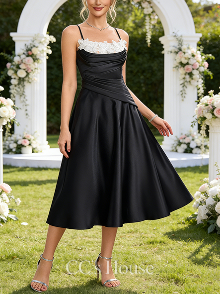 A-line Wedding Guest Dress Elegant Square Tea-Length Satin Cocktail Dress With Pleated 3D Floral