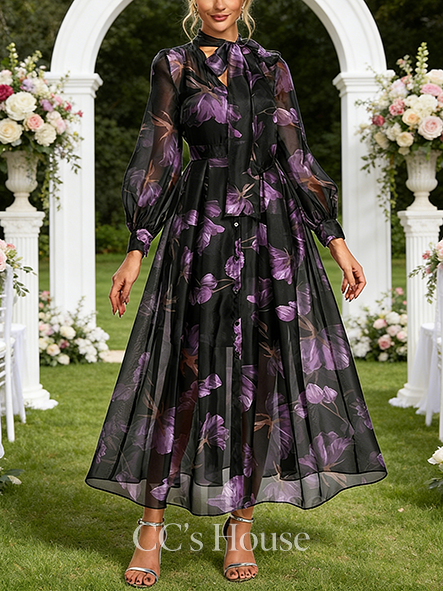 A-line Wedding Guest Dress Gorgeous V-Neck Ankle-Length Chiffon Jersey Cocktail Dress With Floral Print