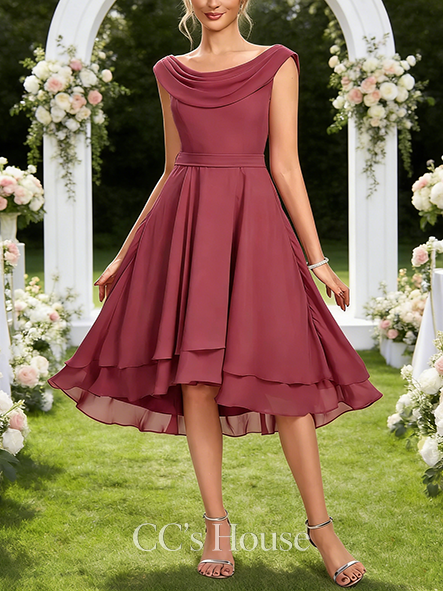 A-line Wedding Guest Dress Luxury Cowl Asymmetrical Knee-Length Chiffon Cocktail Dress With Pleated