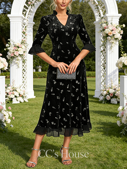 A-line Wedding Guest Dress Feminine V-Neck Tea-Length Velvet Cocktail Dress With Embroidered