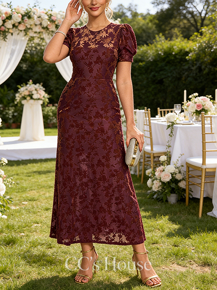 Jacquard Scoop Short Sleeve Flutter Sleeve A-line Wedding Guest Dress Exquisite Velvet Maxi Dress
