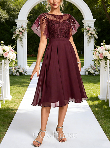A-line Wedding Guest Dress Stylish Illusion Knee-Length Chiffon Cocktail Dress With Sequins