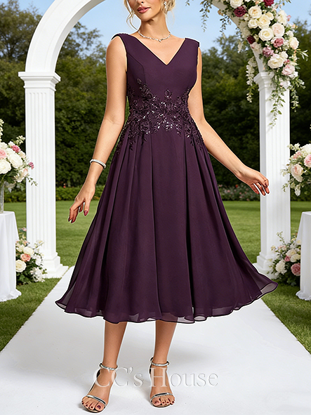 A-line Wedding Guest Dress Glamorous V-Neck Tea-Length Chiffon Lace Cocktail Dress With Sequins