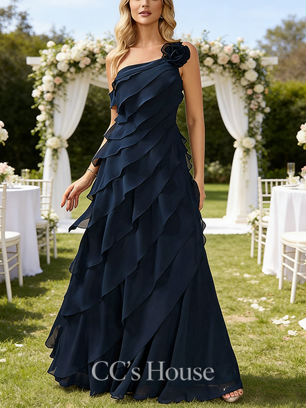 A-line Wedding Guest Dress Delicate One Shoulder Floor-Length Chiffon Evening Dress With Cascading Ruffles Flower