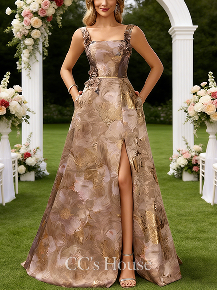A-line Wedding Guest Dress Luxe Square Floor-Length Jacquard Evening Dress With 3D Floral