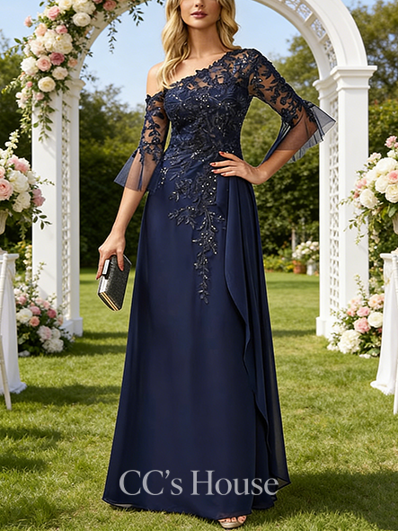 A-line Wedding Guest Dress Polished One Shoulder Floor-Length Lace Chiffon Evening Dress With Sequins