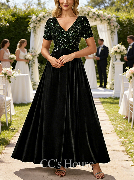 A-line Wedding Guest Dress Opulent V-Neck Floor-Length Velvet Sequin Evening Dress
