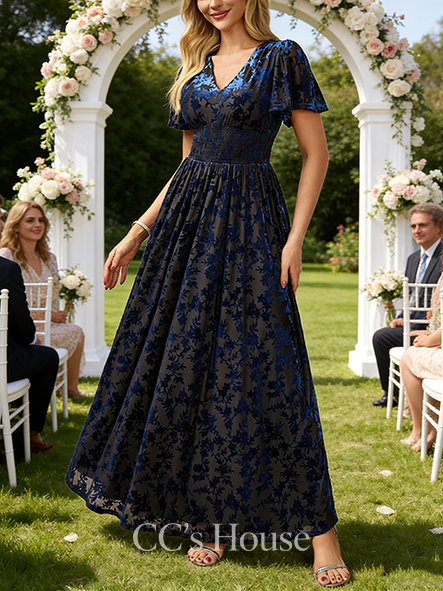 A-line Wedding Guest Dress Sleek V-Neck Floor-Length Velvet Evening Dress